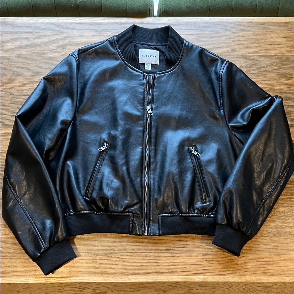 Black Faux Leather Bomber Jacket